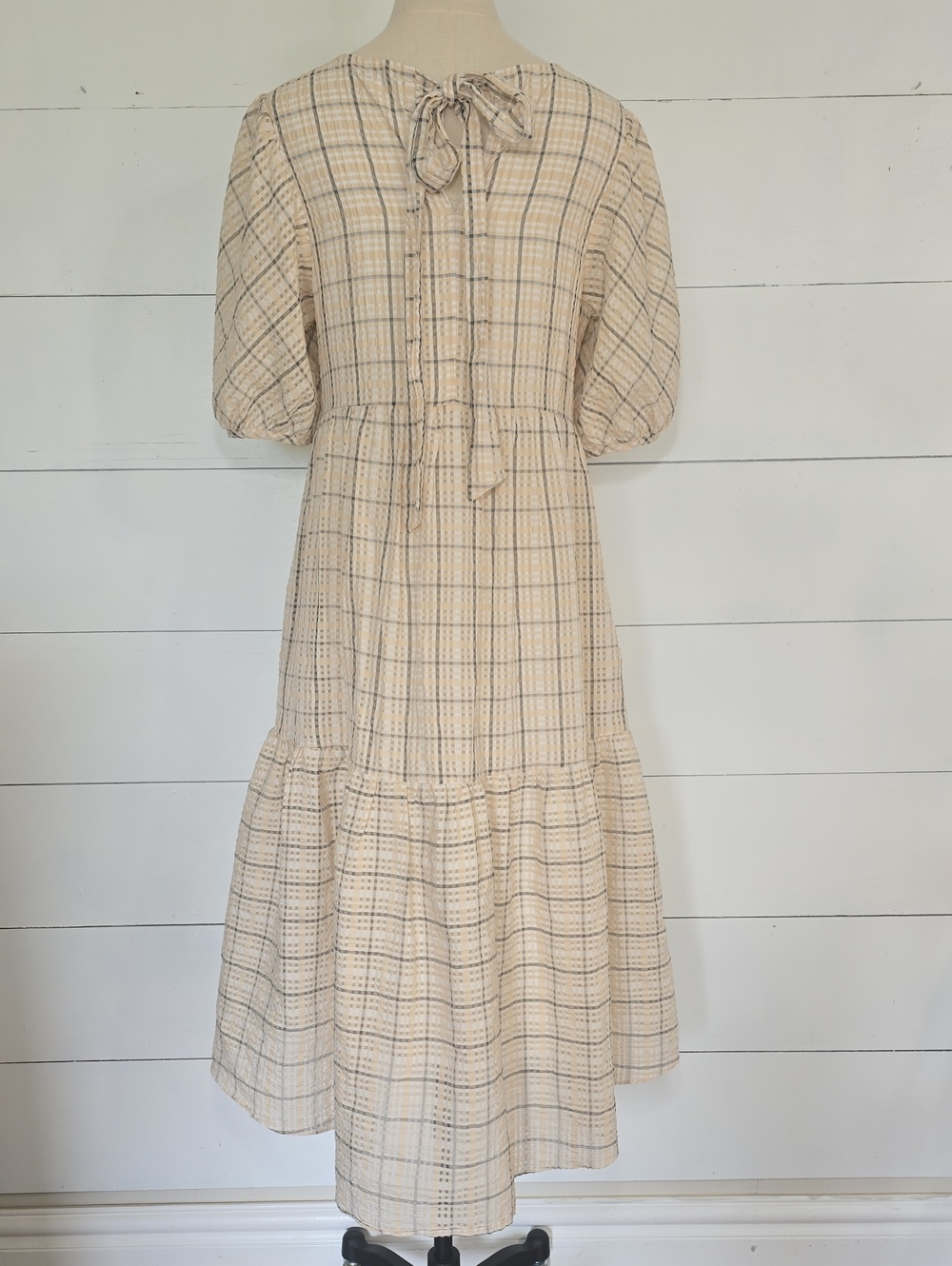 English Factory Plaid Tiered Puff-Sleeve Midi Dress Cream Tan Sz M - Picture 4 of 7